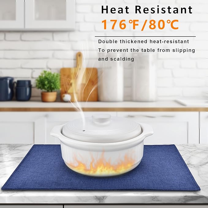 Navy Blue Cloth Placemats Set of 8 - Double Thickened Easy to Clean Linen Style Fabric Placemats - Machine Washable Placemats - Heat Resistant Non-Slip Table Mats (Navy Blue, 8)