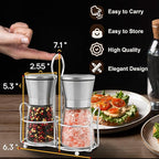 Stainless Steel Salt and Pepper Grinder Set - Short Glass Shaker, Pepper Mill & Salt Mill with Adjustable Coarseness, Refillable for Himalayan or Sea Salt, Black Peppercorn, with Bonus Stand