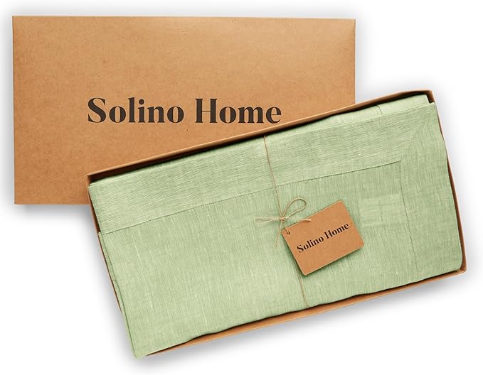 Solino Home Linen Tablecloth 60 x 108 Inch - 100% Pure Linen Chambray Green Table Cloth for Rectangular Tables - Athena, Machine Washable Cloth Tablecloth for Summer