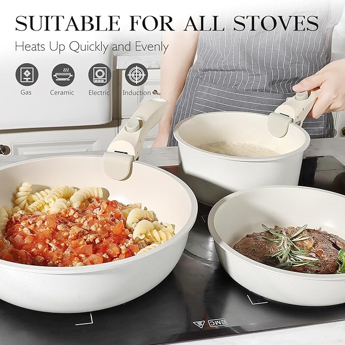 GiPP 5Pcs Pots and Pans Set Non Stick, Cookware Sets Nonstick Detachable Handle, Induction Kitchen Set Removable Handle, RV Cookware set, Oven Safe