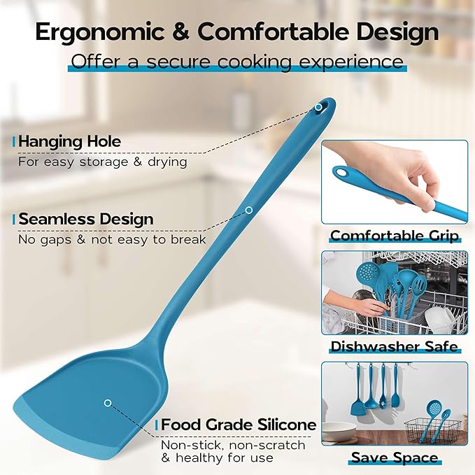 Onader Silicone Cooking Kitchen Utensils Set of 6, Navy Blue Kitchen Utensils Gadgets Set for Nonstick Cookware, Non Toxic & Dishwasher Safe