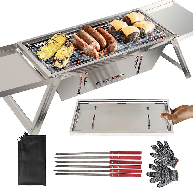 FoldNGo Portable Charcoal Grill with 6 Skewers - Stainless Steel Foldaway Grill for Camping, BBQ, Tailgating, Picnics - Instant Assembly, Includes Gloves & Carry Bag