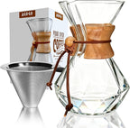 AGOGO Pour Over Coffee Maker Glass - 6/8/10 Cup Barista Kit with 304 Stainless Filter for Home, Office, Camping, Cafes - Easy Clean Coffee Dripper Set (Rag&Brush Included) (8 Cup/28 oz-Diamond Shape)