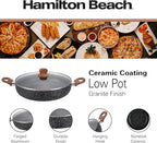Hamilton Beach 4.5 Quart Nonstick Marble Coating Even Heating Round Beach Low Oven Pot with Glass Lid and Wooden Like Soft Touch Handle, Dutch Oven Pot, Braising, Roasting
