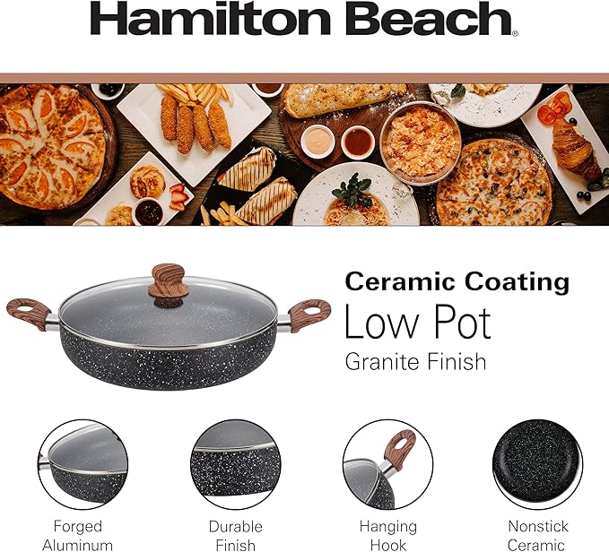 Hamilton Beach 4.5 Quart Nonstick Marble Coating Even Heating Round Beach Low Oven Pot with Glass Lid and Wooden Like Soft Touch Handle, Dutch Oven Pot, Braising, Roasting
