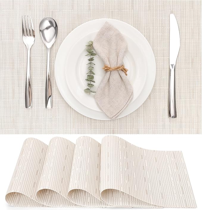 Myir JUN Placemats Set of 4, Vinyl Woven Placemats Place Mats Indoor Set of 4 Washable Table Mats Non-Slip Place mats for Dining Table (B-White, Set of 4)