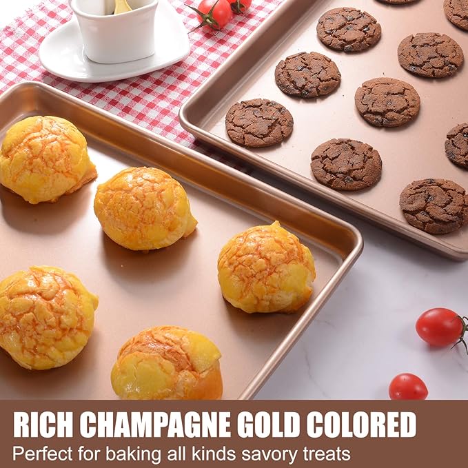 Heavy Duty Baking Sheets for Toaster Ovens - 12.5x10.5 Inch Nonstick Cookie Pan Set (0.8mm 2X Thicker Carbon Steel) Warp & Rust Proof, PFOA Free -Champagne Gold Trays
