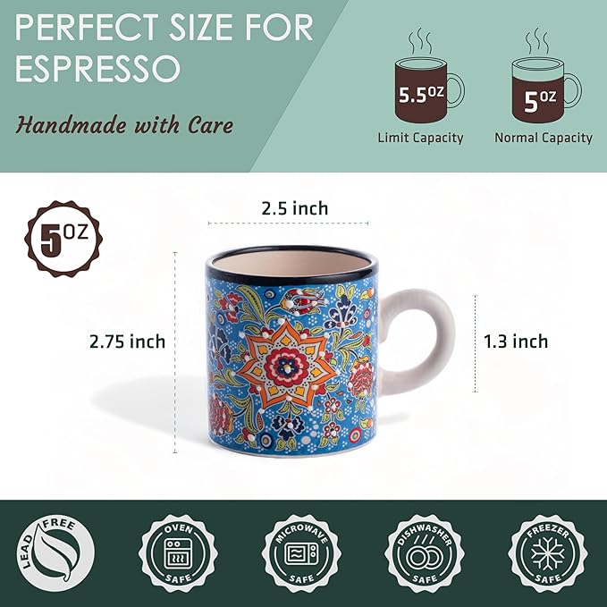 Ceramic Espresso Cups, 5 Oz Espresso Cups Set of 4, Handmade Espresso Cup, 2.75 Inch Espresso Mugs, Multicolor Demitasse Cups, Microwave & Dishwasher Safe Espresso Mugs, Coffe Mug Set (FLOWER BLOOM)
