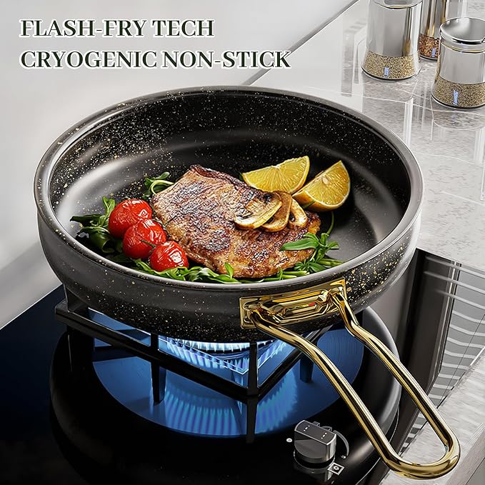 Fully Clad 5-Ply Stainless Steel Cookware Set, 12Pcs Nonstick Pots and Pans Set with Stay-Cool Handles, Induction Compatible, Stackble Design, Includes with Frying Pan, Saucepans and Saute Pan (Black)