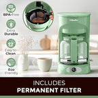 MUELLER HOME 12-Cup Drip Green Coffee Maker, Borosilicate Carafe, Auto-Off, Reusable Filter, Anti-Drip, Keep-Warm Function, Clear Water Level Window, Green Kitchen Accessories & Décor