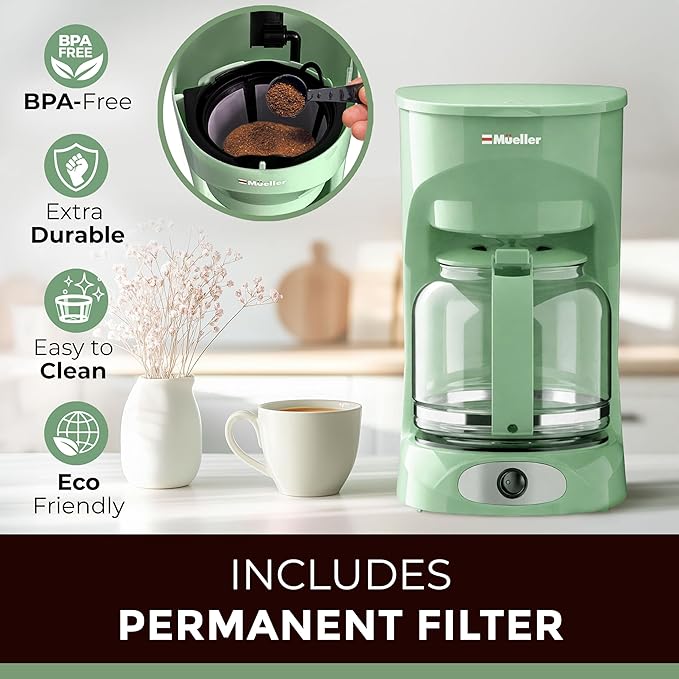 MUELLER HOME 12-Cup Drip Green Coffee Maker, Borosilicate Carafe, Auto-Off, Reusable Filter, Anti-Drip, Keep-Warm Function, Clear Water Level Window, Green Kitchen Accessories & Décor