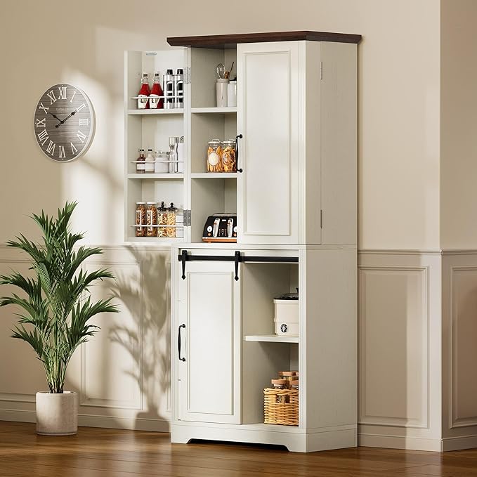 YITAHOME Pantry Cabinet, 71-Inch Tall Freestanding Storage Cabinet with 4 Drawers, Farmhouse Cupboard with Doors Storage, Adjustable Shelves, for Living Room, Dining Room, White Walnut