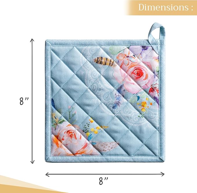 Maison d' Hermine Pot Holders Set 100% Cotton Heat Resistant Potholders 8" x 8" Hot Pads with Loop BBQ, Cooking, Baking, Grilling, Kitchen, Handling Hot Pans Spring/Summer (Pack of 2, Ibiza)