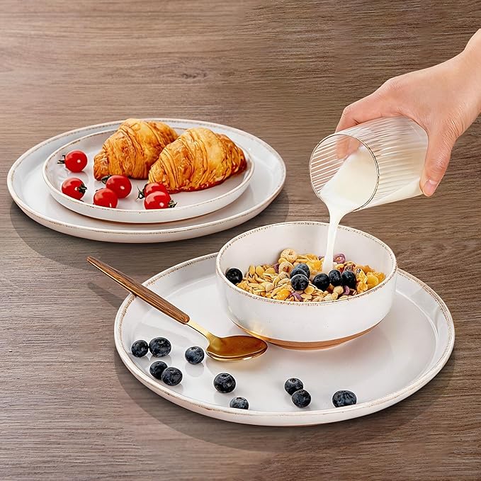 AmorArc Ceramic Dinnerware Sets for 4, 12 Pieces Handpainted Plates and Bowls Set with Rustic Terracotta Underside, Scratch Resistant Stoneware Dishes Set, Dishwasher & Microwave Safe, White