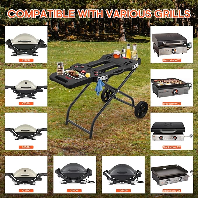 Outdoor Grill Stand for Weber Q1200, Q1000, Q2200, Q2400, Portable Grill Cart for Blackstone 17"& 22" Table Top Griddles, for Weber Grill,Griddle Stand for Blackstone,for Travel and Camping
