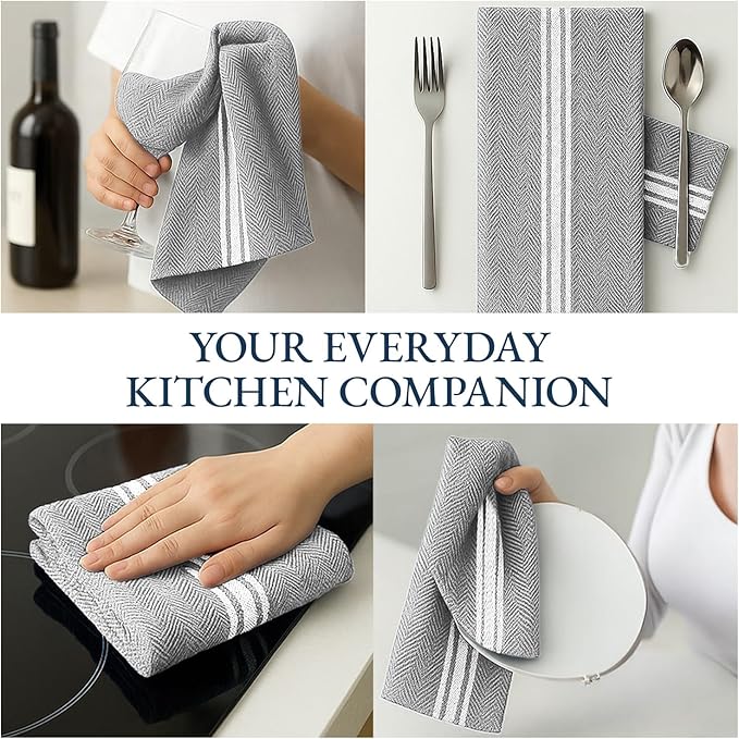 LANE LINEN Kitchen Towel Set, Pack of 12-14"x25" Tea Towels for Kitchen, Dish Drying Towels, Absorbent & Machine Washable, Soft & Durable, Reusable Cleaning Cloth for Glassware - Grey Chambray