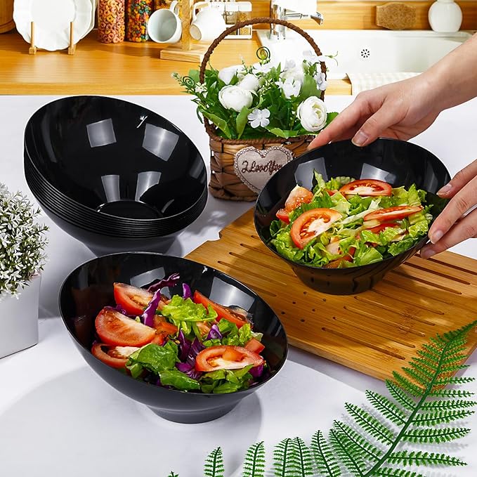 bUCLA 12 Pack Black Plastic Serving Bowls - 20 OZ Angled Bowls Disposable for Chip,Candy,Salad and Fruit - Ideal for Wedding, Party & Halloween