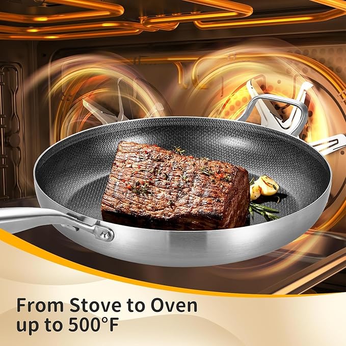 Inqibee 13-Inch Tri-Ply Hybrid Ceramic Non Stick Stainless Steel Frying Pan with Lid,Large Skillet,Induction Chef's Cooking Pan,Dishwasher and Oven Safe,Detachable Handle