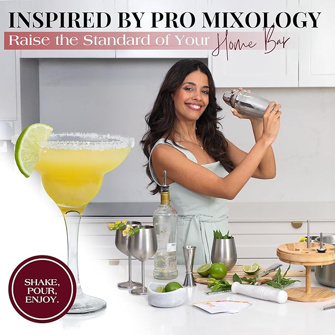 Gusto Nostro Cocktail Set Bartender Kit with Stainless Steel Ice Bucket - Complete Mixology Bar Tool Set with Wooden Organizer, Cocktail Shaker, Jigger, Muddler, Spoon, Tongs, Pourers, Recipe Cards