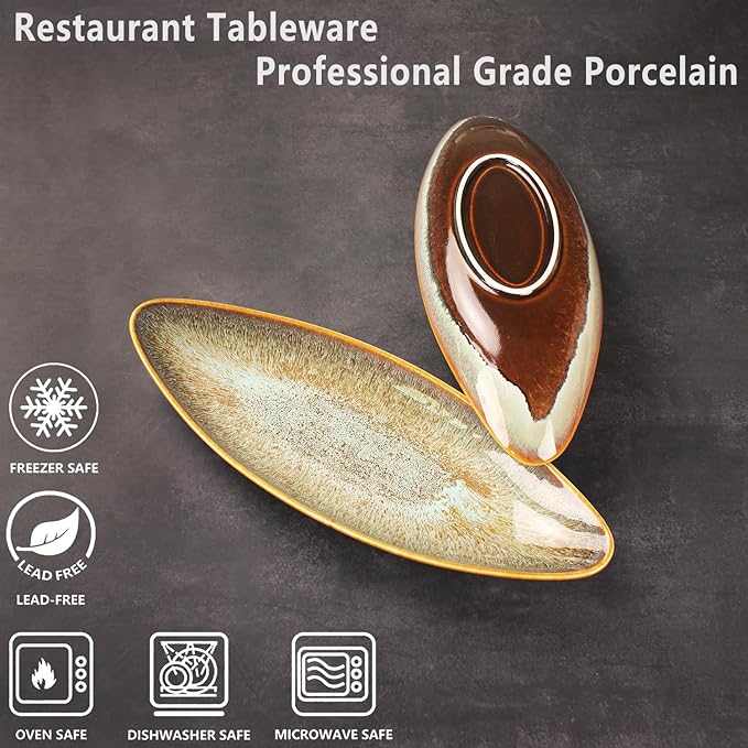 Serving Platter Olives Plate Large Tray Set of 4, For Entertaining Porcelain Trays, Salad, Appetizer, Pasta,Microwave, ovens dishwashers Safe,Brown reactive glaze 15.4 Inch