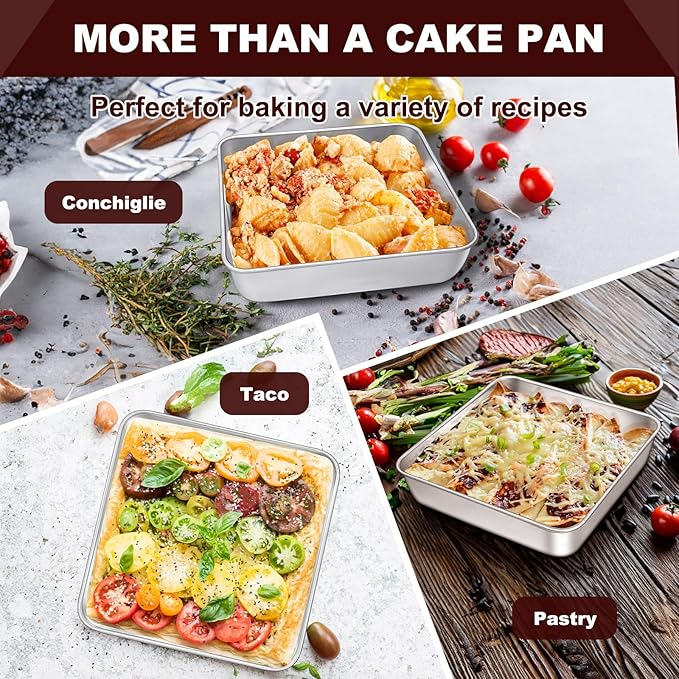 EWFEN 8 x 8 Inch Square Cake Pan, Stainless Steel Baking Pan for Lasagna Brownies Casseroles, Square Bakeware for Oven Cooking, Non-Toxic & Rust-resistant, Dishwasher Safe, 2 Pack