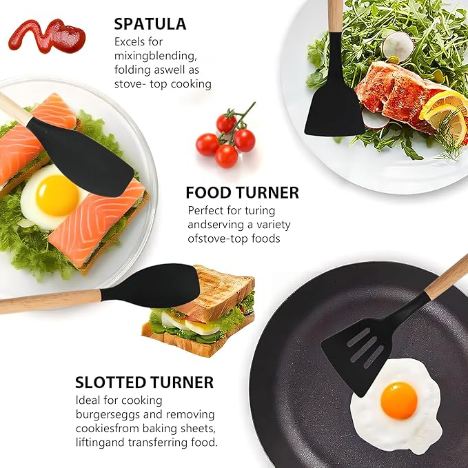 Silicone Cooking Utensil Set,12 PCS Cooking Cookware Kitchen Utensils Set, Nonstick 446°F Heat-Resistant Cookware Kitchen Tools of Spatula,Turner Tongs,Spoon,Brush,Whisk,（black）