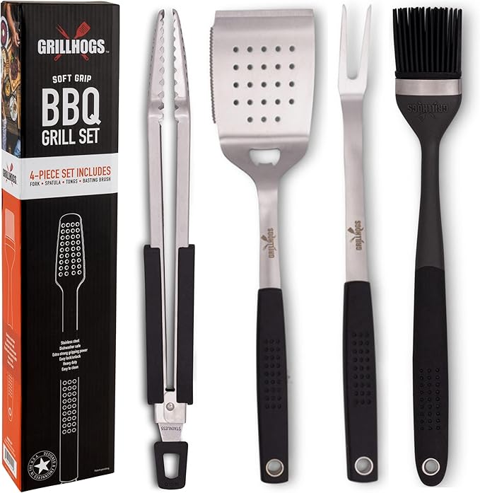 Heavy Duty BBQ Grilling Tool Set, Premium Soft Grip Tongs, Spatula with Bottle Opener and Serrated Edge, Barbecue Meat Fork, Stainless Steel Basting Brush, Premium BBQ Utensils Set (4 Piece)