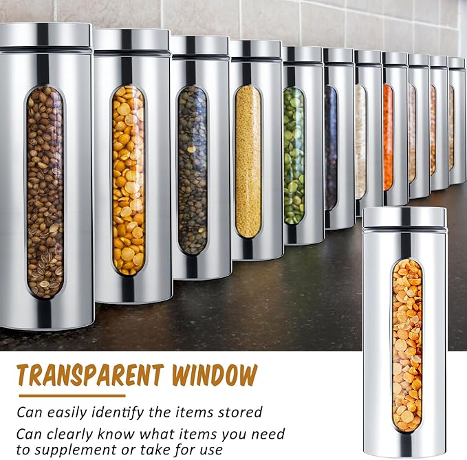 6 Pack Kitchen Canisters Set Airtight Coffee Sugar Tea Candy Storage Jars with Window Glass Stainless Steel Containers with Lids for Flour Cookies Spices Grains Kitchen Decorations (60 oz)