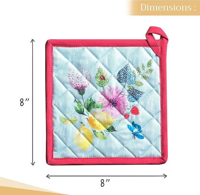 Maison d' Hermine Pot Holders Set 100% Cotton Heat Resistant Potholders 8" x 8" Hot Pads with Loop BBQ, Cooking, Grilling, Kitchen, Handling Hot Pans Spring/Summer (Pack of 2, Jardin D'Ete - Mint)