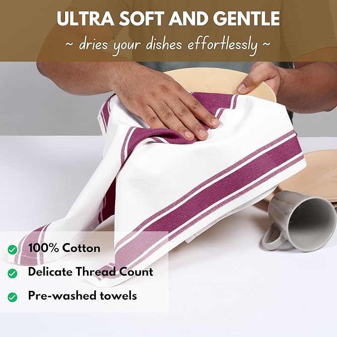 Native Fab Kitchen Towels 18 x 28 Inch, Set of 6, Wide Stripe, Super Absorbent, Quick Dry, Soft, 100% Cotton Dish Towels for Wiping Hands, Drying Dishes, Cleaning Dishcloths Set - Burgundy (Maroon)