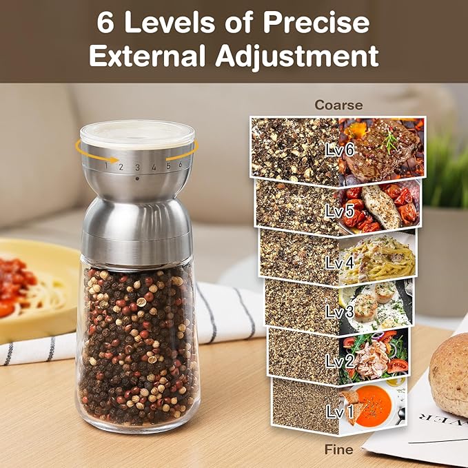 Vucchini Pepper Grinder Salt Grinder Manual - External Adjustable Coarseness with 6 Settings Stainless Steel Spice Grinder Mill Ceramic Burr Large Capacity 9 oz Ideal for Kitchen
