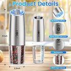 Rechargeable Gravity Electric Salt and Pepper Grinder Set with LED Light, Type-C Fast Charging, Adjustable Coarseness, Large Capacity Grinder for Kitchen & Outdoor, (2 Pack-Stainless Steel)