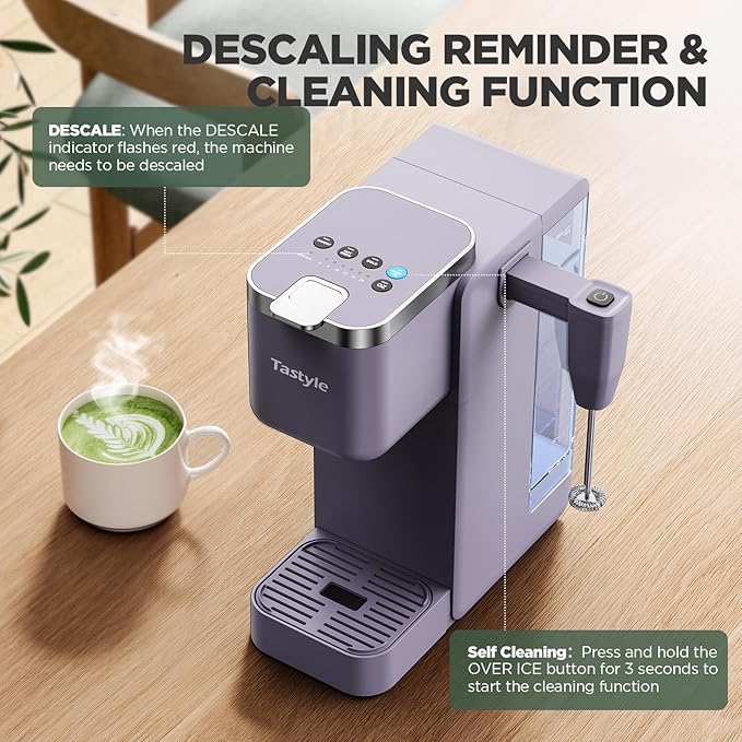 Single Serve Coffee Maker with Built-in Detachable Milk Frother, Iced and Hot Coffee Machine for K Cup & Grounds, 40oz Removable Water Reservoir, 6 Cup Sizes, Fits 7.3" Travel Mug, Purple