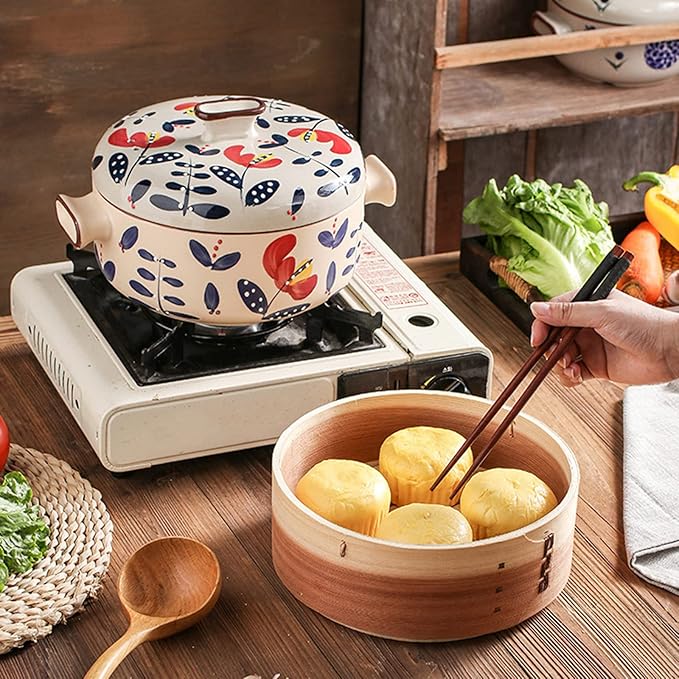 Japanese Casserole Pot with Handles for Cooking, Ceramic Casserole Clay Pot Steam Stew Pot with Steamer Basket,A,4L