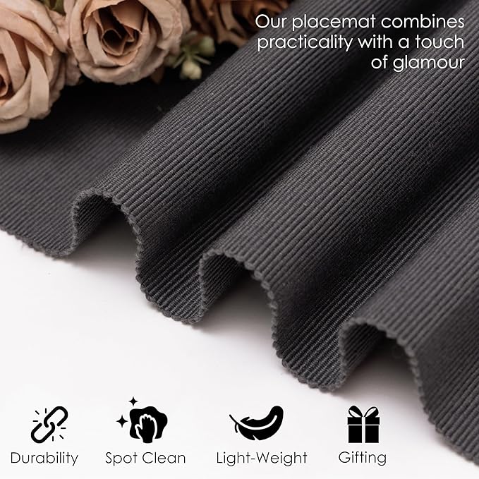 Charcoal Grey Placemats Set of 6, Cotton Ribbed Tabletop, Non-Slip Wrinkle Free Kitchen Table Mats for Dining Table, 13x19 Inch
