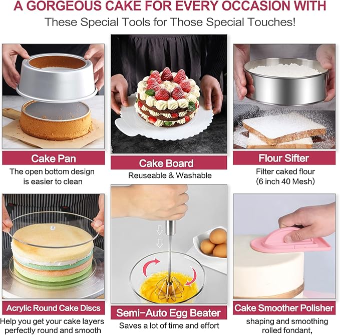 Aluminum Alloy Revolving Cake Stand & Carrier - 268PCS Kit with 54 Piping Tips, Acrylic Cake Discs, Various Spatulas
