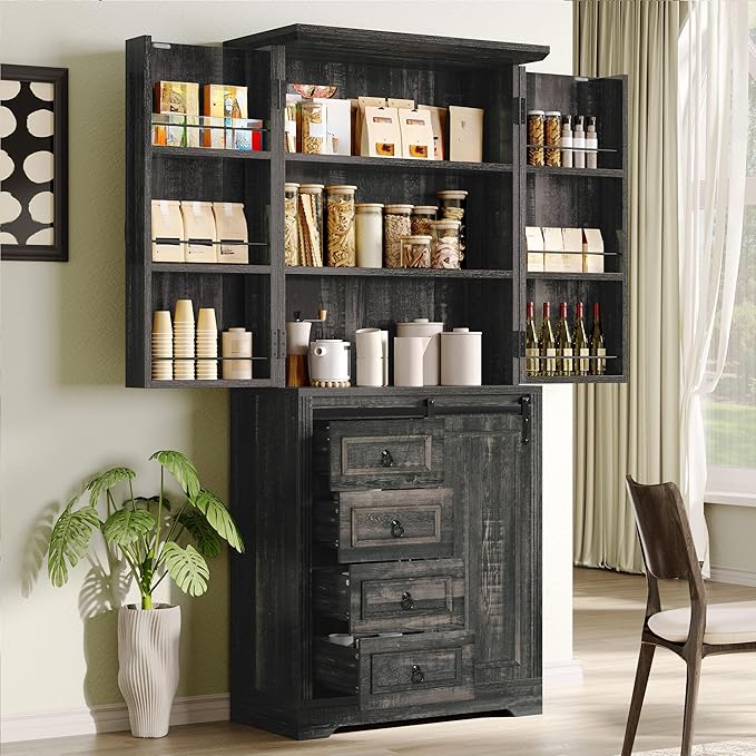 DWVO Kitchen Pantry Storage Cabinet with Barn Door, Tall Storage Cabinet with 4 Drawers and Adjustable Shelves, Versatile Storage for Living Room, Dining Room or Hallway, Drak Oak
