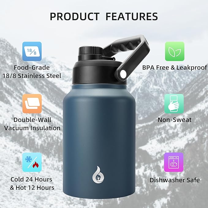 BJPKPK 64 oz Insulated Water Bottle, Dishwasher Safe Half Gallon Water Bottle with Ergonomic Handle, BPA Free Leak Proof Water Jug for Sports, Metal Thermos with Anti-slip Bottom, Navy Blue
