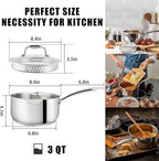 Rorence 3-Quart Saucepan with Lid: Pour and Strain Stainless Steel Sauce Pan with Pour Spouts, Capsule Bottom & Tempered Glass Lid