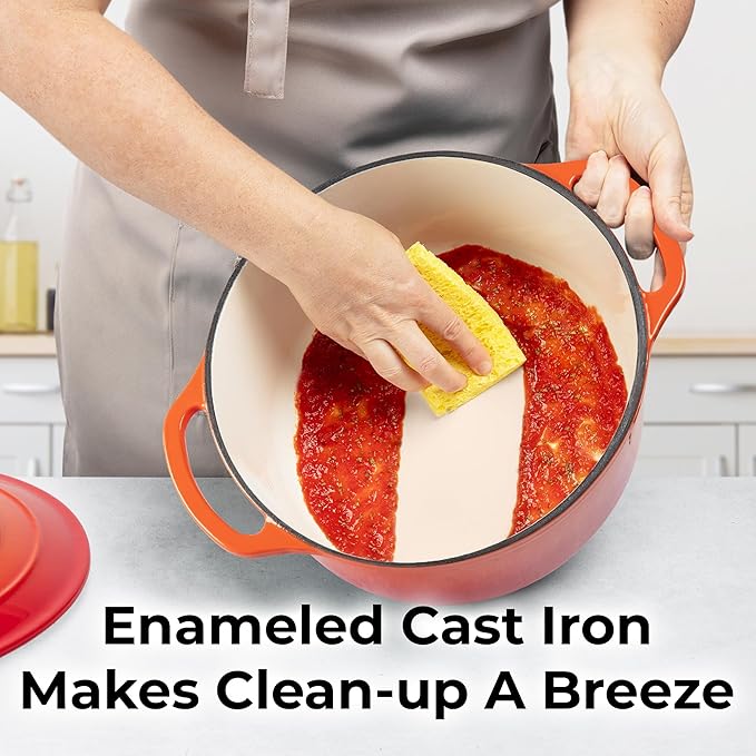 Zulay Kitchen 7.7 Quart Enameled Cast Iron Dutch Oven with Lid, Silicone Trivet & Heat Pad – Premium Durability & Oven Safe up to 500°F – Heavy Duty Cookware Perfect for Bread Baking, Stews, Braising & Roasting – Orange