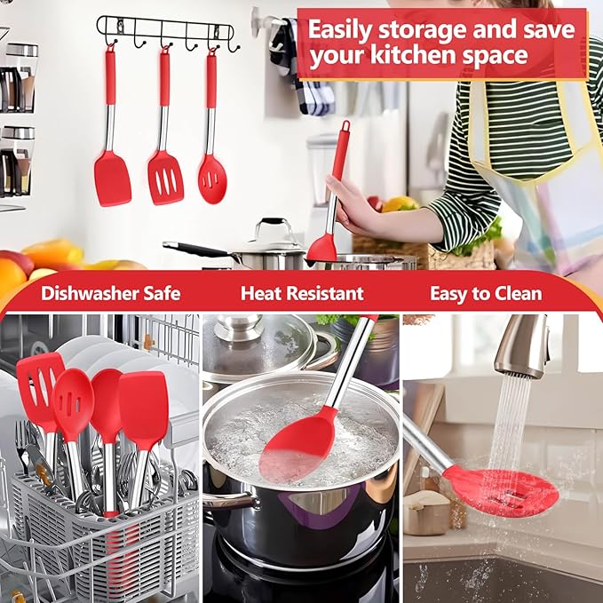 P&P CHEF Red Kitchen Cooking Utensil Set of 4, Silicone Solid Spatulas Slotted Spoons Turners for Non-stick Cookware Flipping Mixing, Heat-proof