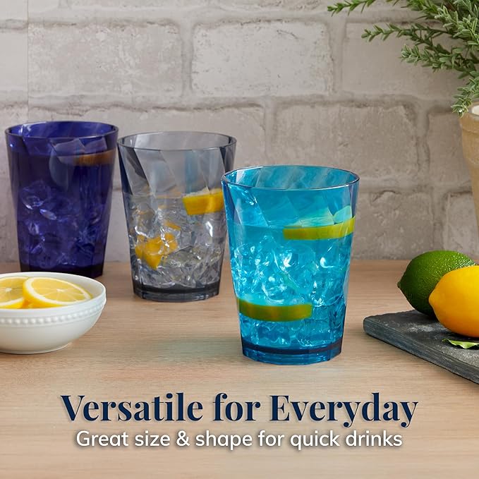 US Acrylic Optix Plastic Reusable Drinking Glasses (Set of 8) 14oz Rocks Cups in Coastal Colors | BPA-Free Tumblers, Made in USA | Top-Rack Dishwasher Safe