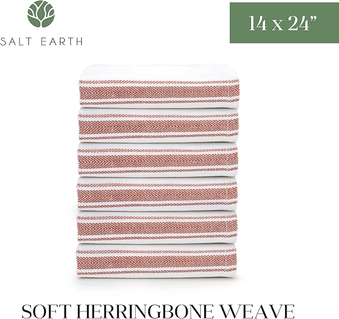 Salt Earth Kitchen Towels Cotton Dish Towel Size 24x14 Inches Set of 6 100% Ring Spun Cotton Absorbent Quick Dry Herringbone Weave Lint Free Washable Dishcloth Hanging Loop Color White & Red Stripe