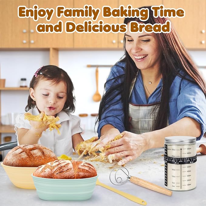 HK Sourdough Starter Kit, Sourdough Bread Baking Supplies with 9'' Round Banneton Bread Proofing Basket, 34oz Sourdough Starter Jar, Bread Lame, Dough Scraper, Dough Whisk & Silicone Baking Mats