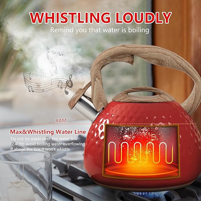 harriet Tea Kettle, Tea Pot for Stovetop, 2.5QT Whistling Kettle with 5-Layers bottom, Food Grade Stainless Steel Kettles with Hot-Resistant Handle Gas Electric Applicable, Red