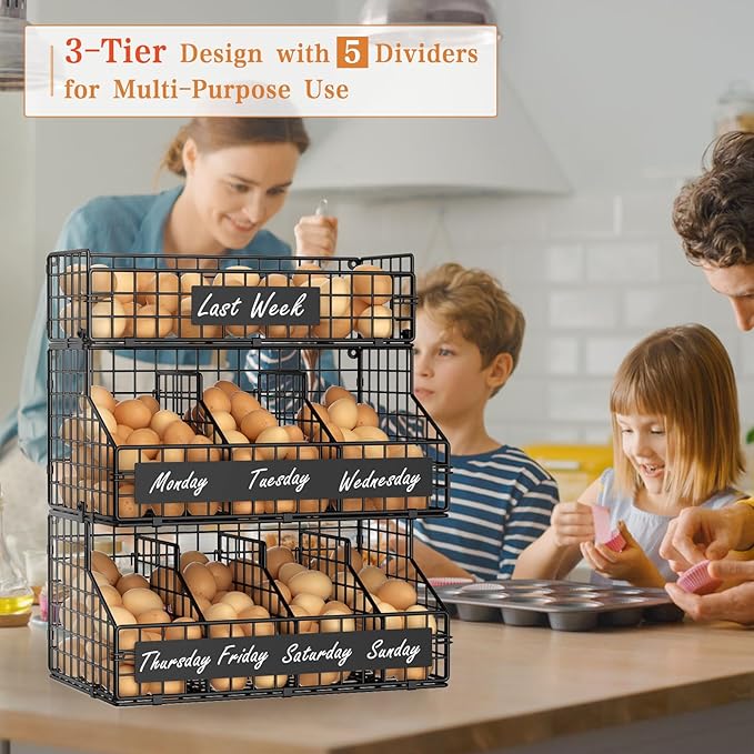 keomaisyto Egg Holder Countertop with 5 Dividers & DIY Nameplate to Separate Eggs, 3 Tier Stackable Wire Storage Baskets for Gathering Fresh Eggs, XXL Large Egg Rack, Wall-Mounted (Patent Pending)
