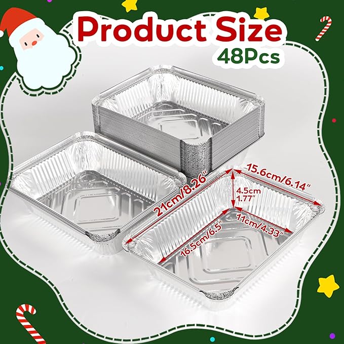 Atonofun 48 Pieces Christmas Foil Containers with Lids, 8 Holiday Designs, Holiday Food Containers, Disposable Cookie Tin Pan for Holiday Leftovers, Xmas Gift-Giving Party Supplies