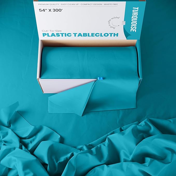 Exquisite Party Solids 54 Inch X 300 Feet Turquoise Plastic Table Cover Roll in A Cut - to - Size Box with Convenient Slide Cutter. Cuts Up to 36 Rectangle 8 Feet Plastic Disposable Tablecloths