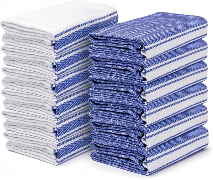Salt Earth Kitchen Towels Cotton Dish Towel Size 24x14 Inches Set of 12 100% Ring Spun Cotton Absorbent Quick Dry Herringbone Weave Lint Free Washable Dishcloth Hanging Loop Color White & Blue Stripe