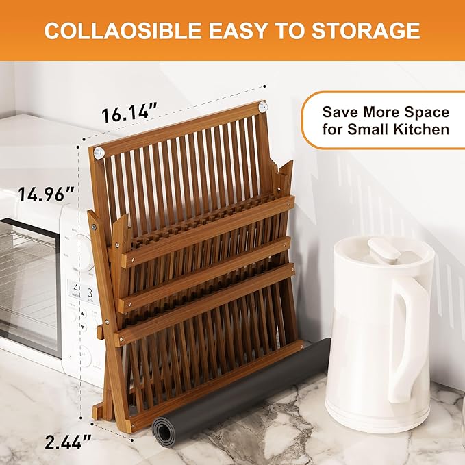 Greenual Teak Dish Drying Rack with Utensil Holder, 3 Tier Collapsible Dish Rack, Wooden Dish Racks for Kitchen Counter, Large Folding Drying Holder with Absorbent Dish Drying Mat